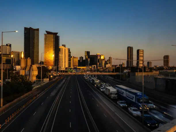 Melbourne city skyline with modern cars